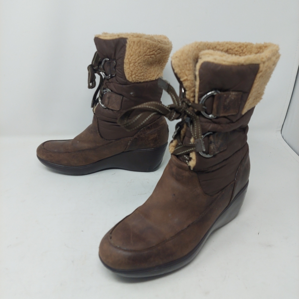 Sperry Snug Harbor Wedge Winter Boots Lace Up Brown Leather Shearling Size 6.5
